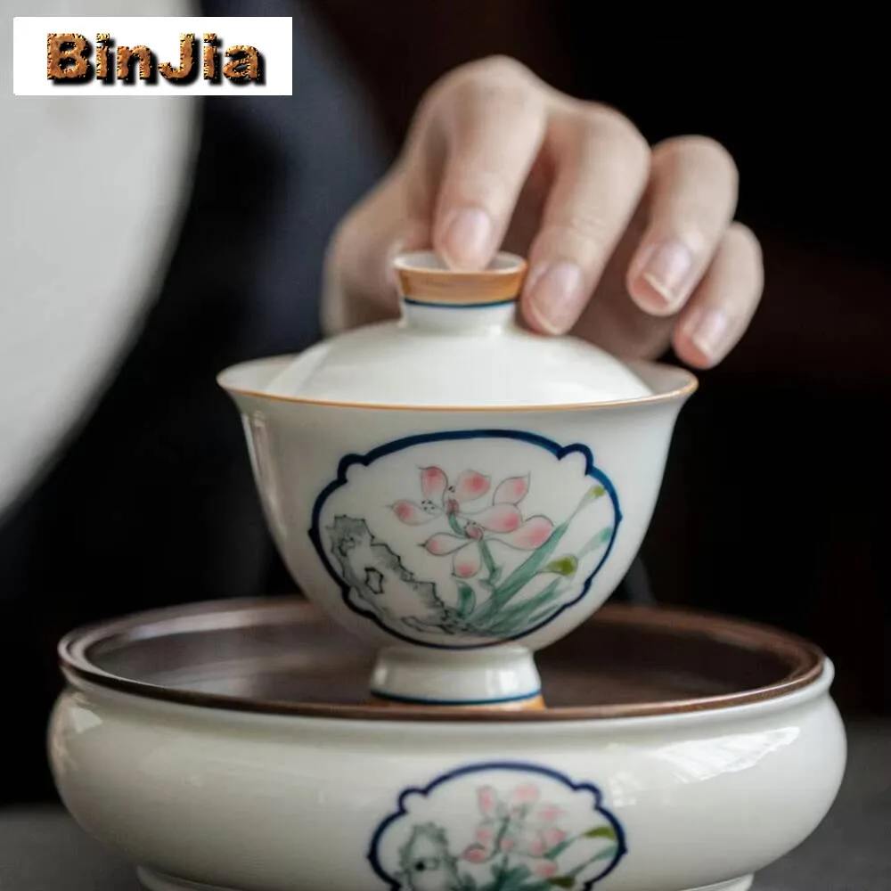 

120 мл подглазурная цветная чайная чаша на высоких ножках, бытовая ручная роспись, крышка для орхидеи, антикварная чайница, предметы подарки