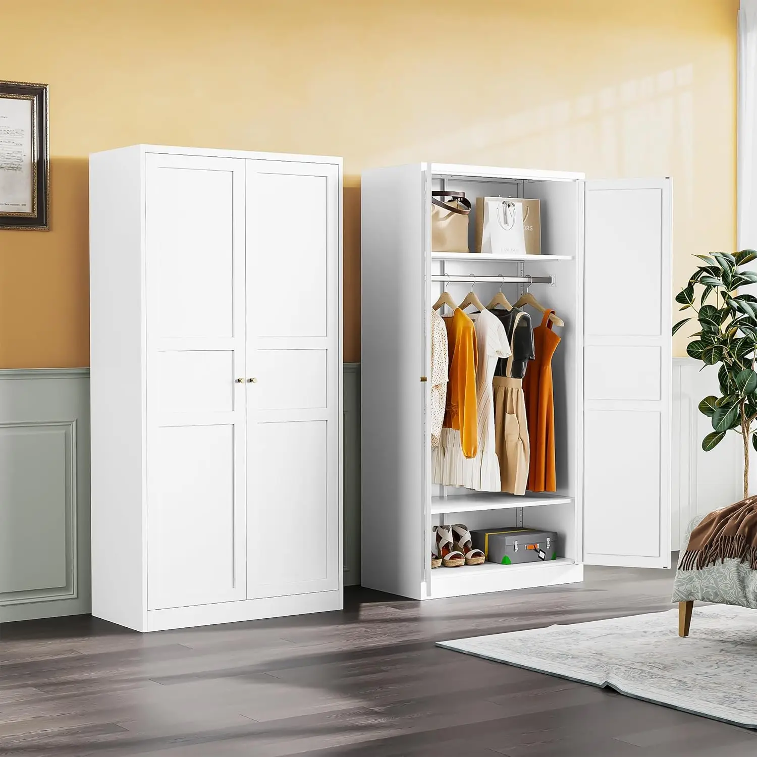 Metal Wardrobe Cabinet,Armoire Wardrobe Closet with doors,White Metal Clothing Storage Cabinet with Adjustable Shelves