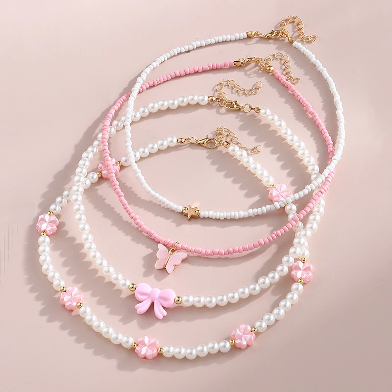 4pcs/set Pink Butterfly & Pearl Beaded Necklace – Delicate Love Pendant & Seed Beads for Everyday Sweet Style.