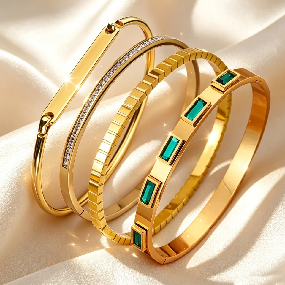 Luxury Stackable Bangle For Ladies Baguette Emerald Zirconia Bracelets Wedding Banquet Daily Fashion Jewelry Gift