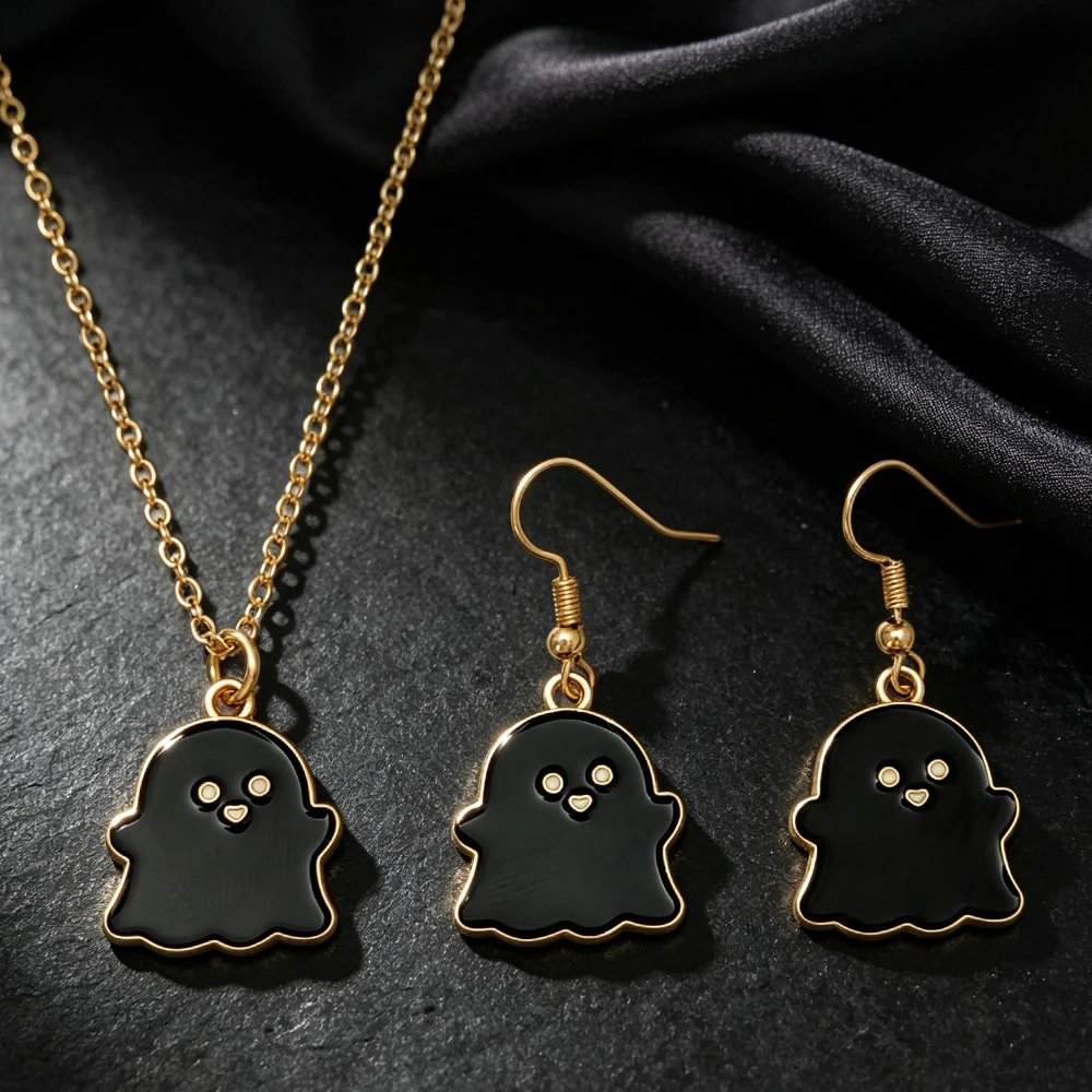 Halloween Cartoon Little Ghost Oil-Drip Jewelry Set, Gold Necklace and Earrings Two-Piece Set, Cute and Fun Holiday Earrings, Multiple Colors Available