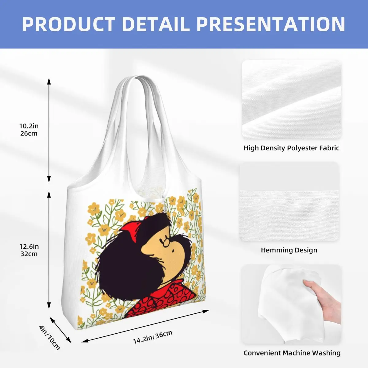 Custom Mafalda And Flowers Shopping Bag  Shoulder Canvas Tote Bag Portable Argentina Manga Quino Groceries Shopper  Handbags