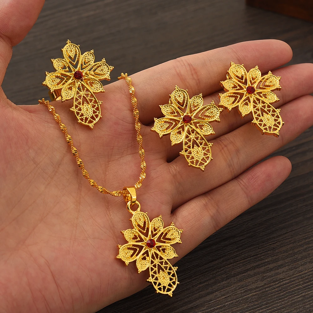 Ethiopian CZ Cross Baby Size Flower Cross Jewelry Set  Ethiopia Gold Eritrea Sets For Women's Habesha Wedding Party Gift