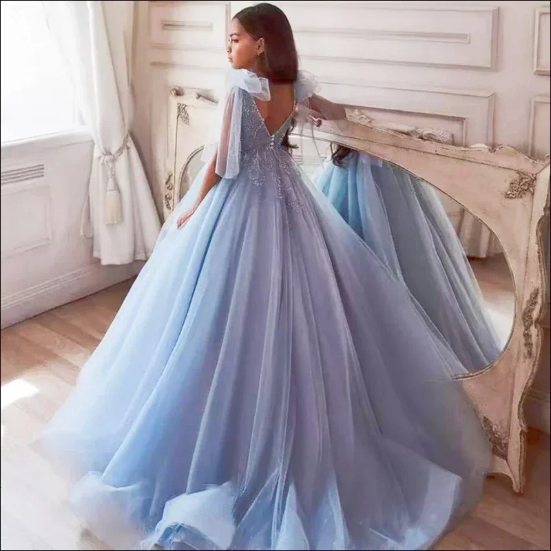 Vestido de niña de flores azul claro personalizado para niños vestido de princesa para boda fiesta de cumpleaños desfile vestidos para ocasiones especiales