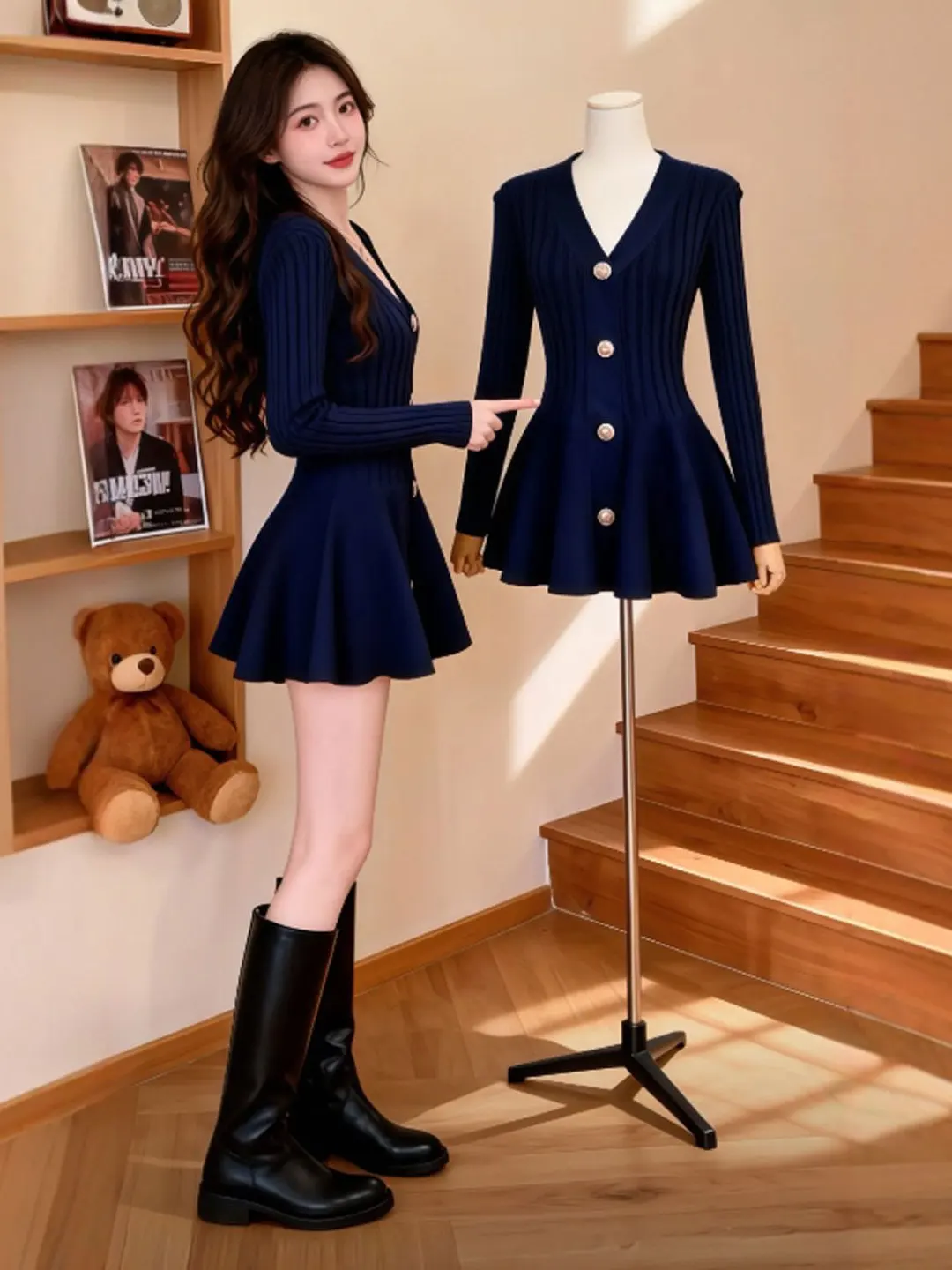 

Korean Style V-Neck Waist-Cinched Puffy Skirt Dress Gentle Unique Beautiful Spring Fashion Women's Knitted Dress