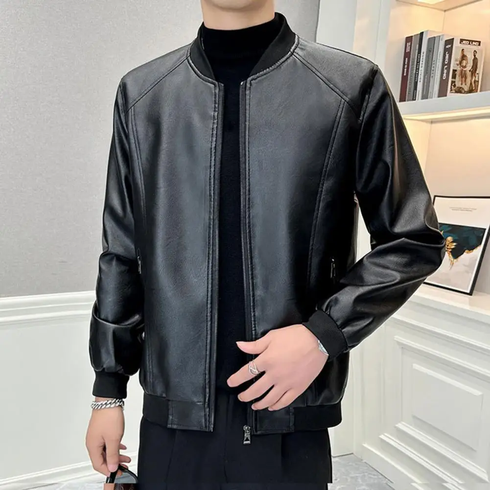 Long Sleeve Men Jacket Stylish Men's Faux Leather Jackets for Sports Office Parties Slim Fit Zipper Closure for Autumn for A