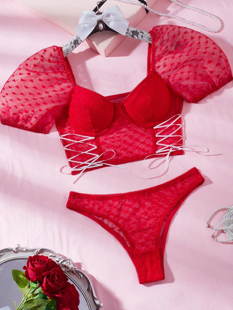 

SsTss женский сексуальный красный комплект нижнего белья модный перспективный сетчатый принт с пышными рукавами на шнуровке тонкий укороченный топ и трусики комплекты из двух предметов