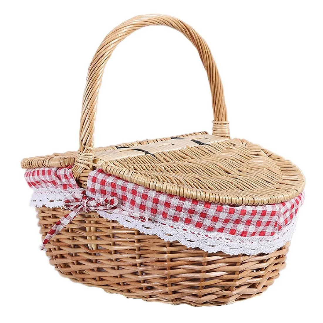 

Country Style Wicker Picnic Basket Hamper with Lid and Handle & Liners for Picnics Parties Wedding and BBQs