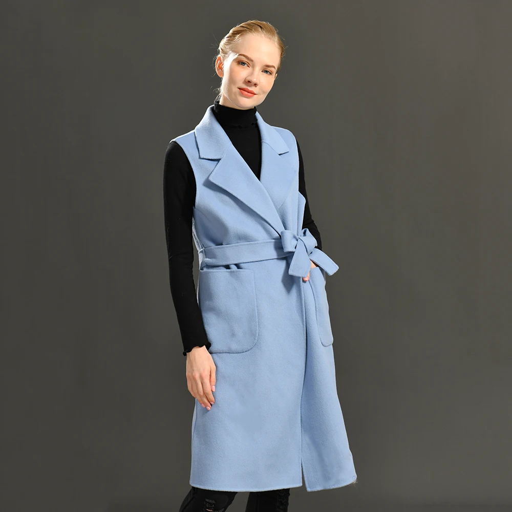 

Luxyonuo Women's Cashmere Blend Vest Spring Elegant Long Style Belt Slim Woolen Sleeveless Coats Ladies Fashion Waistcoat Fall