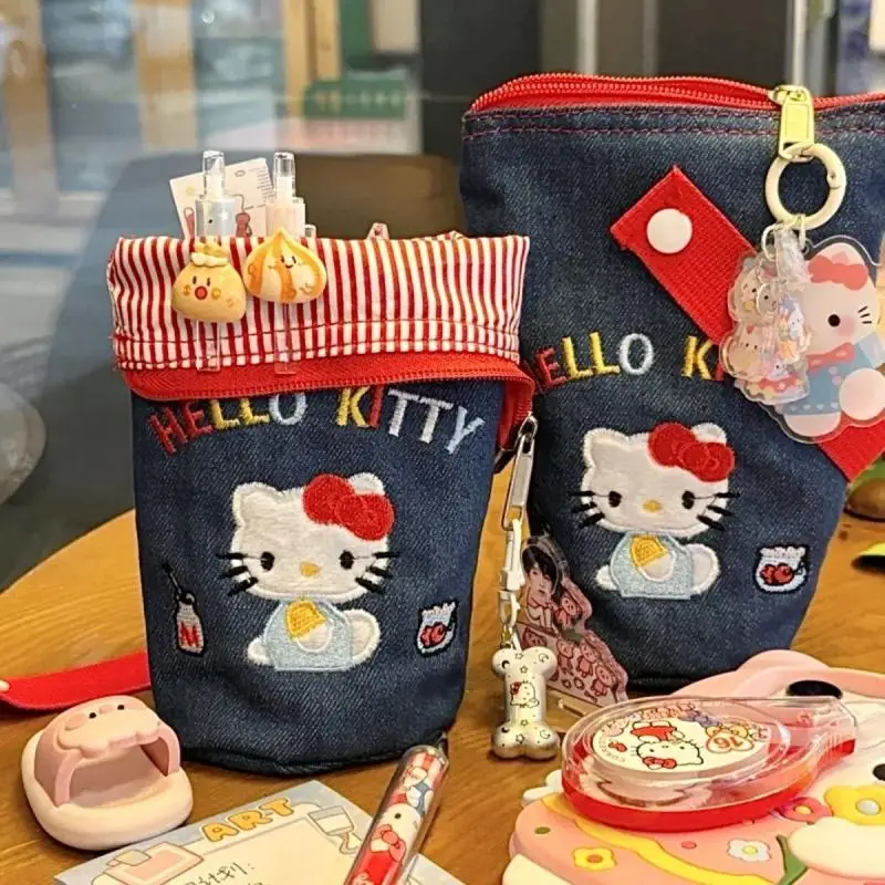 

New Cartoon Anime Hello Kitty Cute Cowboy Embroidery Bucket Folding Pen Bag Large Capacity Stationery Storage Birthday Gift