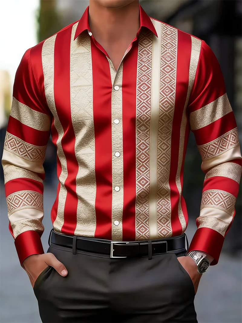 

New men's retro ethnic style jacquard long sleeved shirt, European and American style lapel party shirt