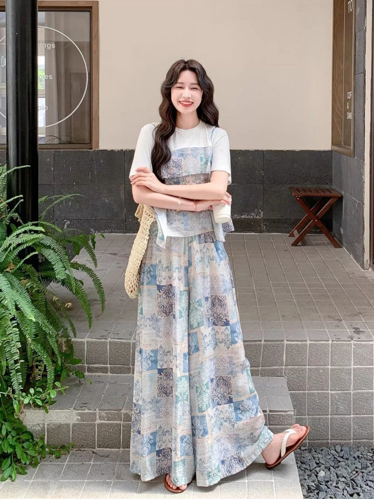 

Women Summer New Arrival Casual Loose Wide Leg Pants Printed Short Sleeve Top Korean Style Fake Two Piece Outfit