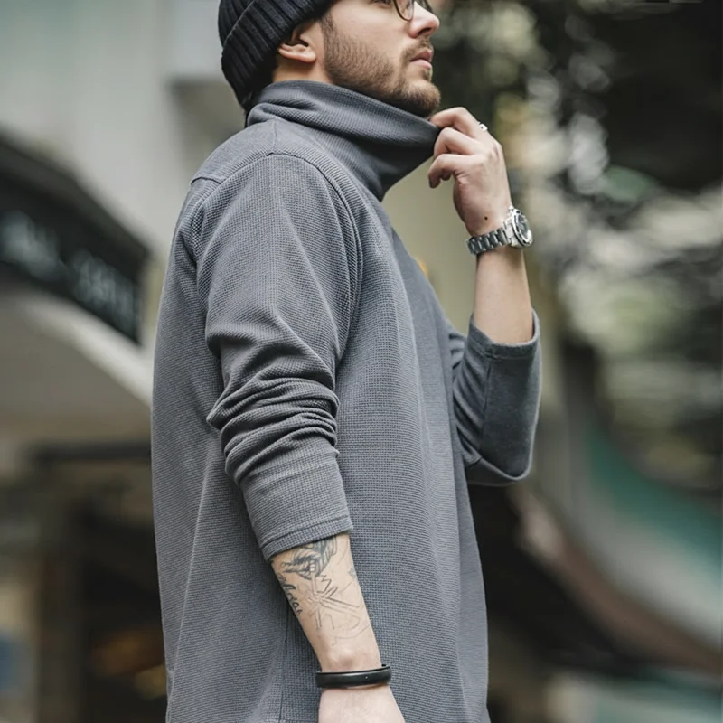 Maden Casual Gray Knitted Turtleneck Sweaters Men\'s Vintage 310g High Collar Waffle Pullovers Basic Fashion Black Warm Jumper