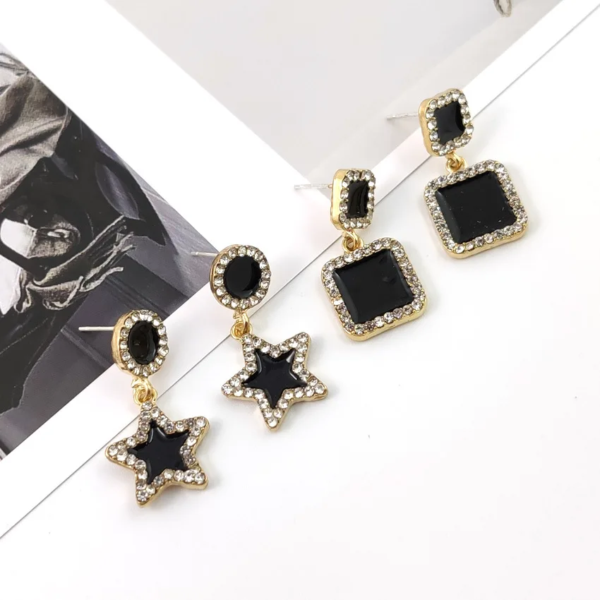 New Fashion Crystal Black Acrylic Star Heart Round Circle Square Triangle Bow Earrings for Women Party Geometry Trendy Jewelry