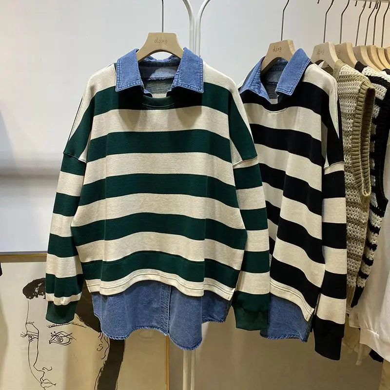 Extra Large Size Spring and Autumn Contrast Color Striped Sweater Women\'s Loose and Idle Mid-Length Denim Hem Patchwork Top