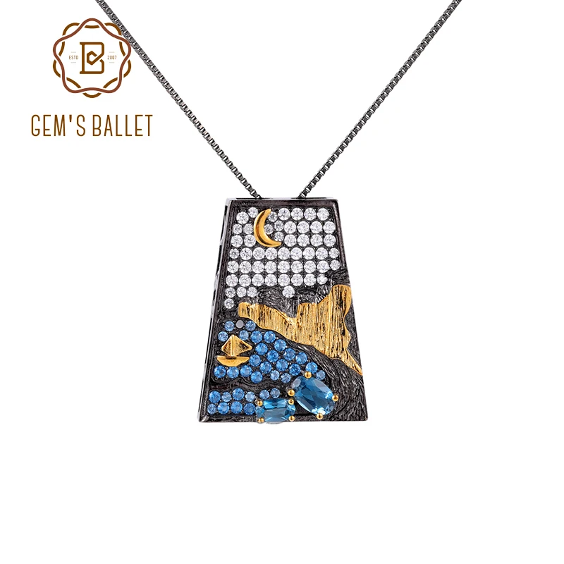 GEM'S BALLET Chinese Elements Jewelry Natural Gemstone Pendant 925 Sterling Silver Moon, Sailboat, Sea Handmade Pendant Necklace