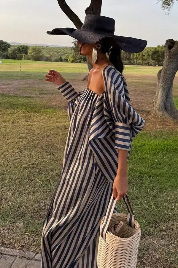 Beige Stripe Straples Maxi Dress Loose Straig Httube Long Dress With Detachable Sleeves Casual Resort Beach Vacation Outfit