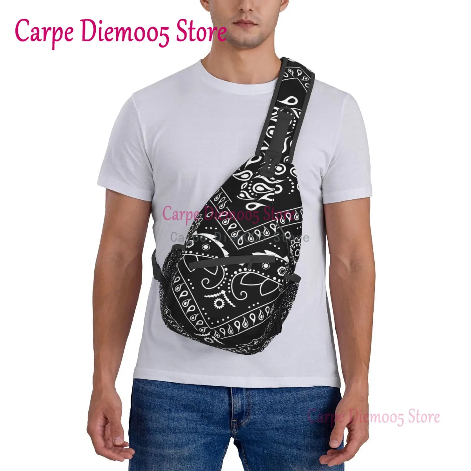 Black And White Paisley Chicano Bandana Sling Crossbody Chest Bag Men Shoulder Backpack for Hiking