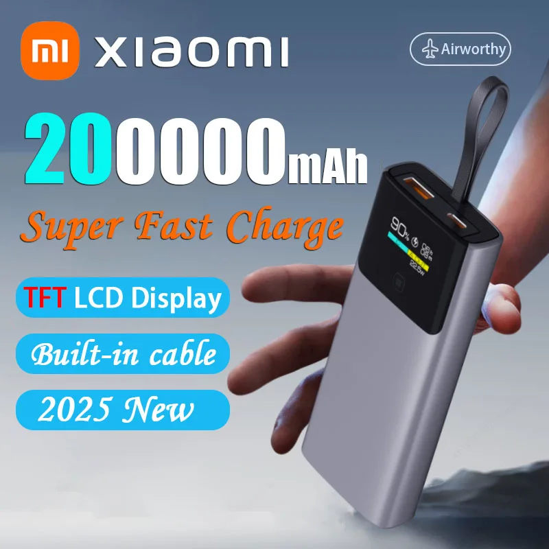 Xiaomi 200000mAh PowerBank TFT LCD Digital Display Built-in Fast Charge Cable Large Capacity PowerBank For iphone Huawei Samsung