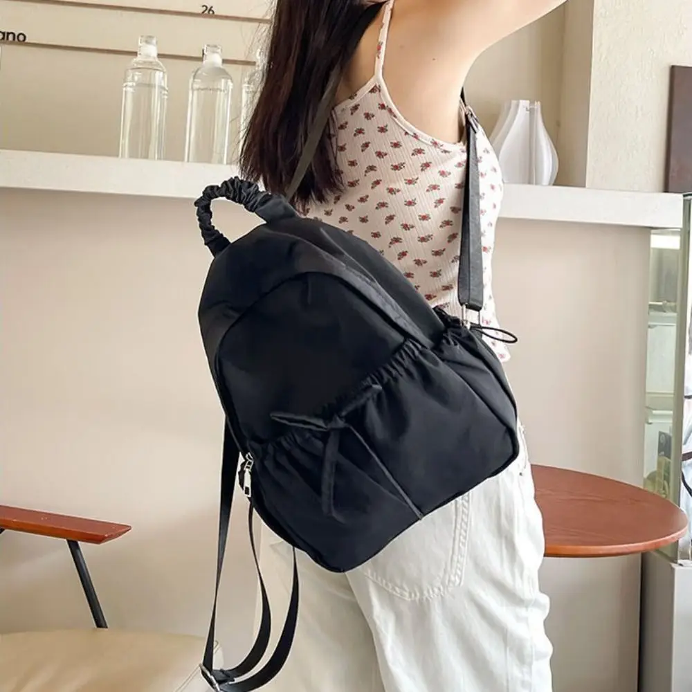 Cute Handbag Bow Backpack Solid Color Korean Style Nylon Backpack School Bag Wrinkle Shoulders Bag Girls