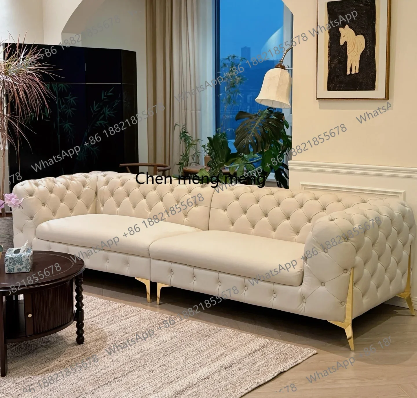 New arrive American light luxury buckle set sofa combination stainless steel metal French American cream style off-white sofa co