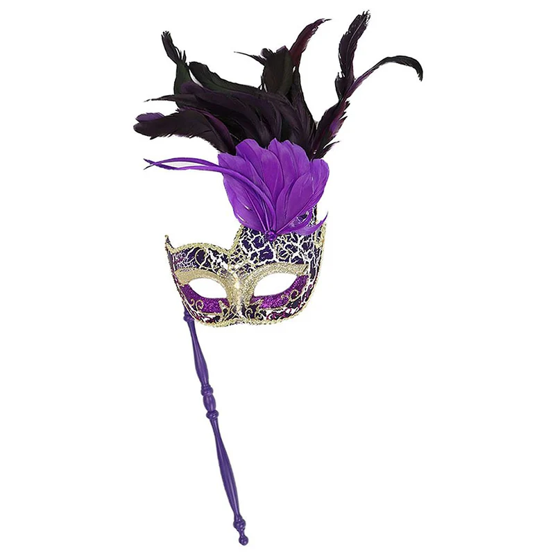 

Feather Masquerade Mask With Stick Shiny Women Men Halloween Carnival Mardi Gras Easter Cosplay Show Party Handheld Half Eyemask