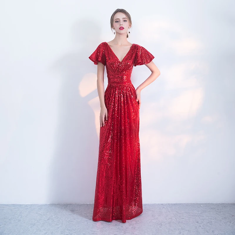 

Deep V-Ne Long Evening Gown Midi Sve Red Dr Women's Wedding Dr Spring Marriage Host Formal Par Dr