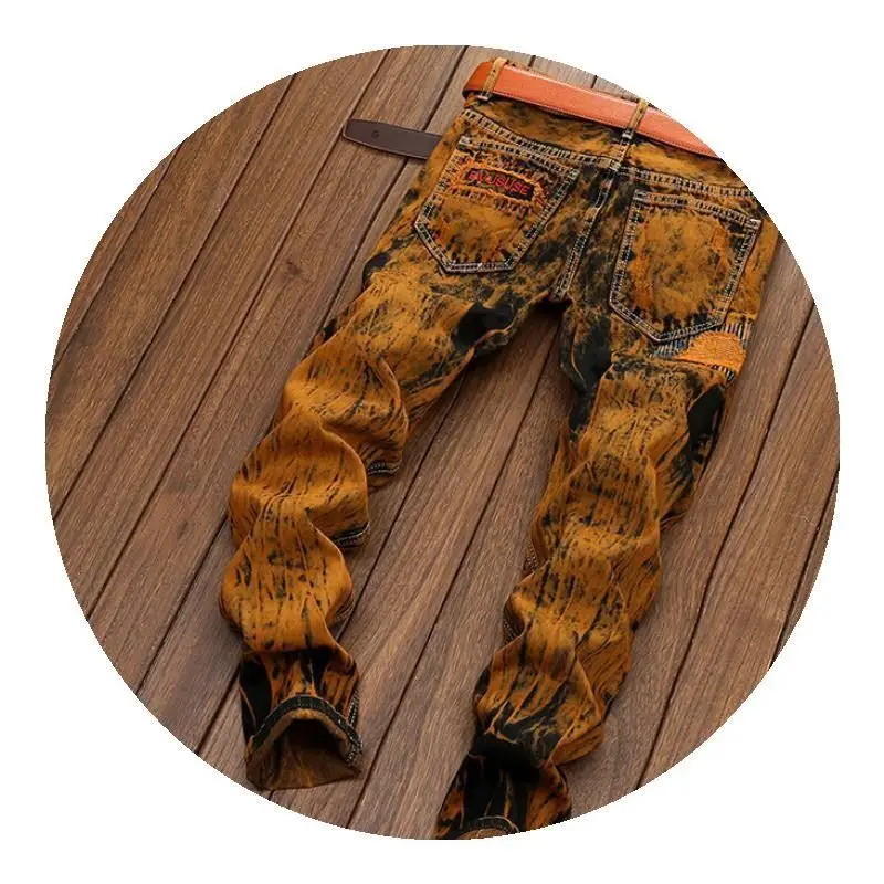 레트로 트렌디 남성 청바지 크로스보더 스트레이트 레그 찢어진 올드타임 스타일 캐주얼 롱 팬츠 노 스트레치 미드 웨이스트 기타 브랜드