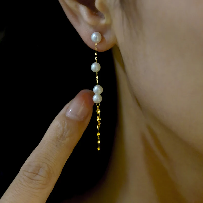 

NYMPH 18K Gold Earrings Fine Jewelry AU750 Natural Freshwater Pearl Round Long Tassels Wedding Party For Women E625