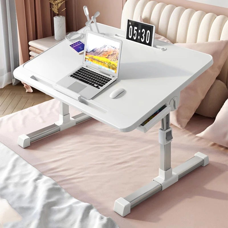 Folding Laptop Table, Liftable Bed Table with Light, Adjustable Stand Desk, Elevable Gaming Desk with Drawer Home Workstation