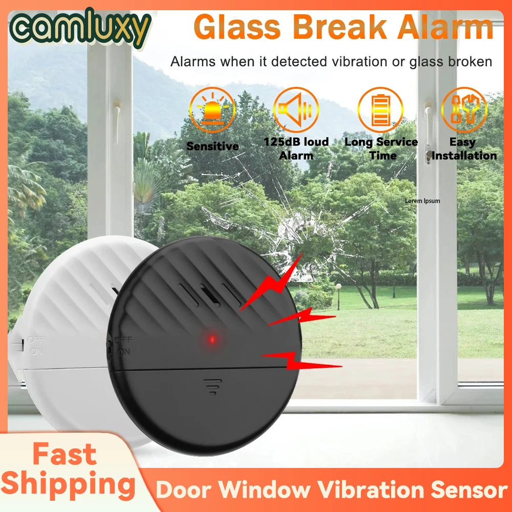 Camluxy Wireless 125dB Door Window Vibration Sensor Alarm Glass Break For Warning Burglars Anti-Theft Home Safety Security