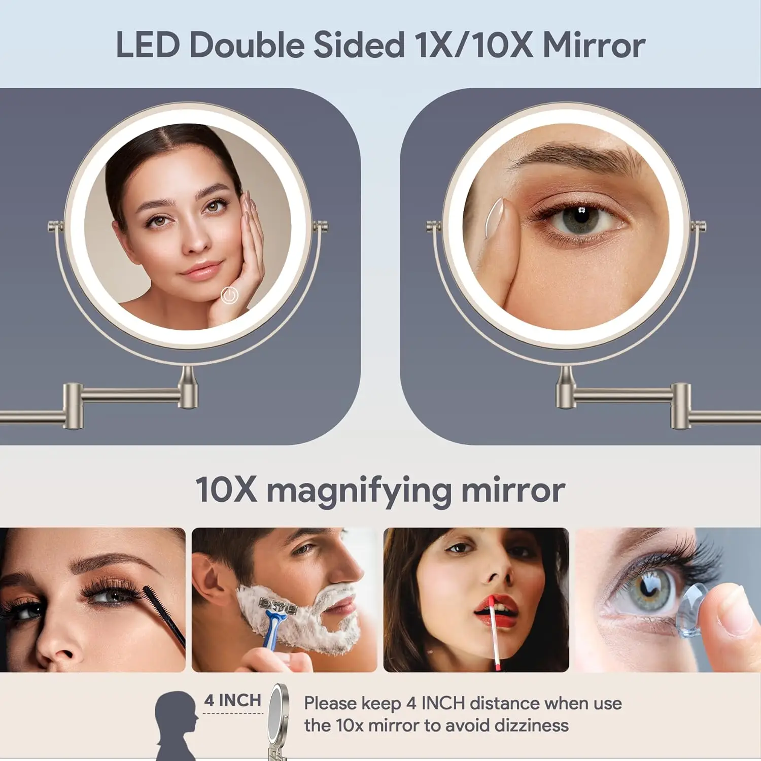 Accessori per specchi da bagno pieghevoli a LED touch in nichel spazzolato Specchio per trucco illuminato magnificamente 10X Specchi da bagno rotondi touch