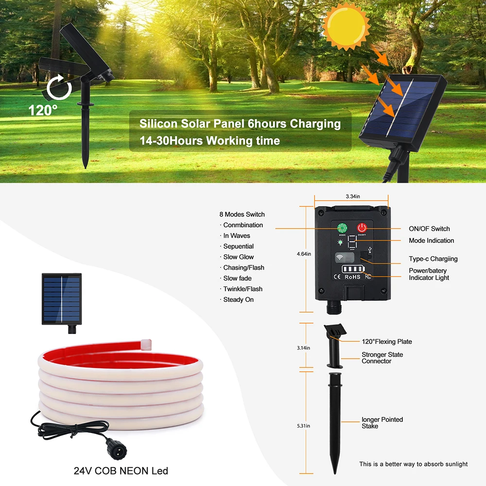 Solar COB LED Strip Light IP68 Waterproof 24V 320 LEDs Flexible Tape Lamp Warm Natural White 0.5m 1m 2m 5m 10m Garden Decoration