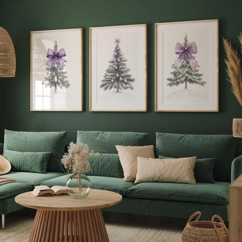 Watercolor Purple Christmas Tree 3 Pcs Canvas Wall Art Lavender Bow Xmas Tree Prints Soft Winter Bedroom Home Decor Unframed