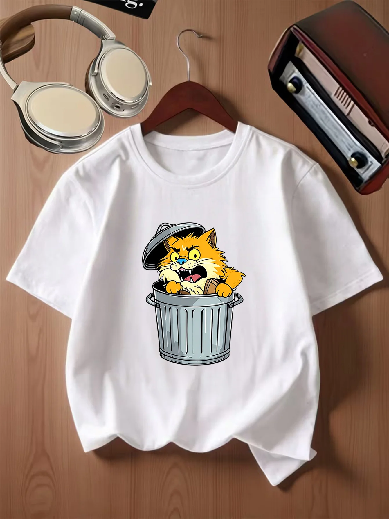 Funny Wild Cat Inside Garbage Bin Animal Print Kids T Shirt Boys Girls Family Matching Parent Child Summer Crew Neck Casual Tee