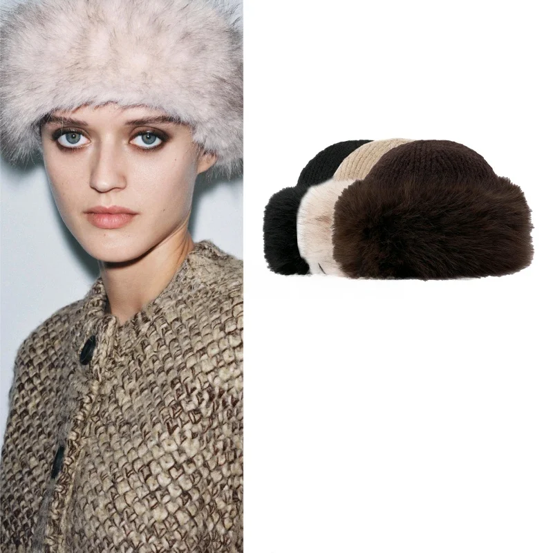 

Новинка зимы: Женская вязаная шапка с эффектом искусственного меха, с отворотом, многослойная, без манжеты, из полиэфирного волокна, с круглой верхушкой
