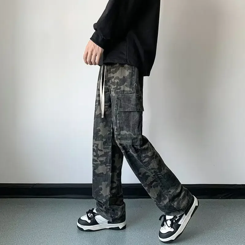 Mit Taschen Herren Jeans Camouflage Hose Weites Bein gestapelt Weiche japanische Street Style Y 2k Vintage Casual Männliche Cowboyhose