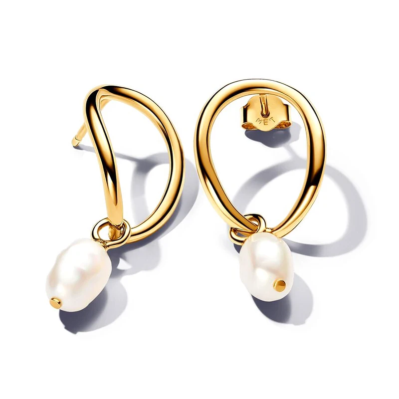 Pendientes de aro chapados en oro de 18K para mujer, aretes de perlas circulares de forma orgánica, plata 925, joyería fina