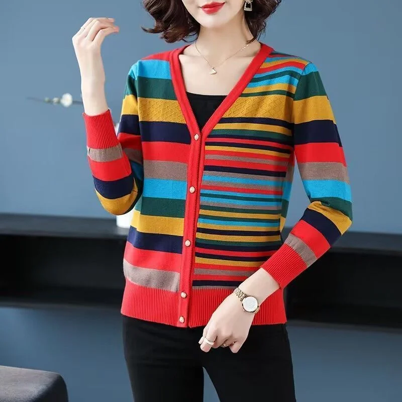 

Spring Autumn Simplicity Stripe V-Neck Women Knitting Cardigan Sweater Jacket Temperament Female Loose Versatile Sweater