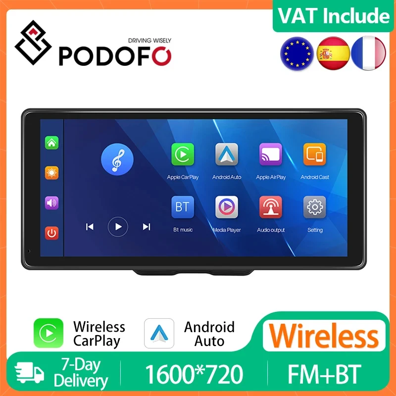 Podofo 10.36in Wireless CarPlay Player Dashboard Android Auto Multimedia Video Player Navigation Stereo Receiver 2din Head Unit