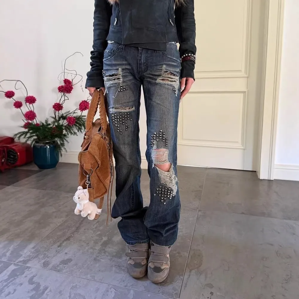 Retro Y2K American Style Hot Girl Floor-Length Jeans Design Sense Rivet Splicing Weathered Hole Denim Jeans Ladies Straight L...