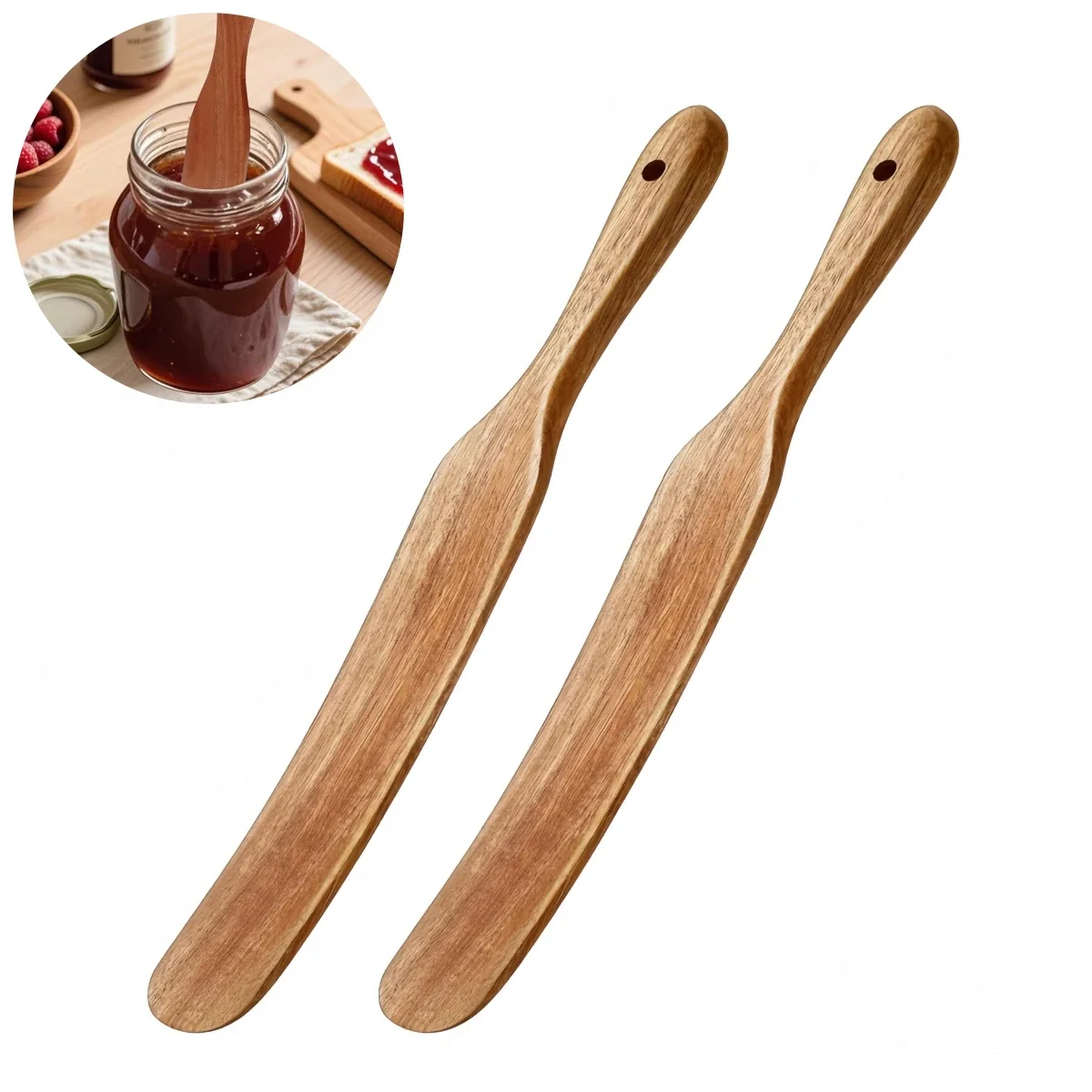 2 Pieces Wooden Skinny Spurtles for Stirring Dough and Batters with Ergonomic Grip for Deep Jar Reaching and Mixing