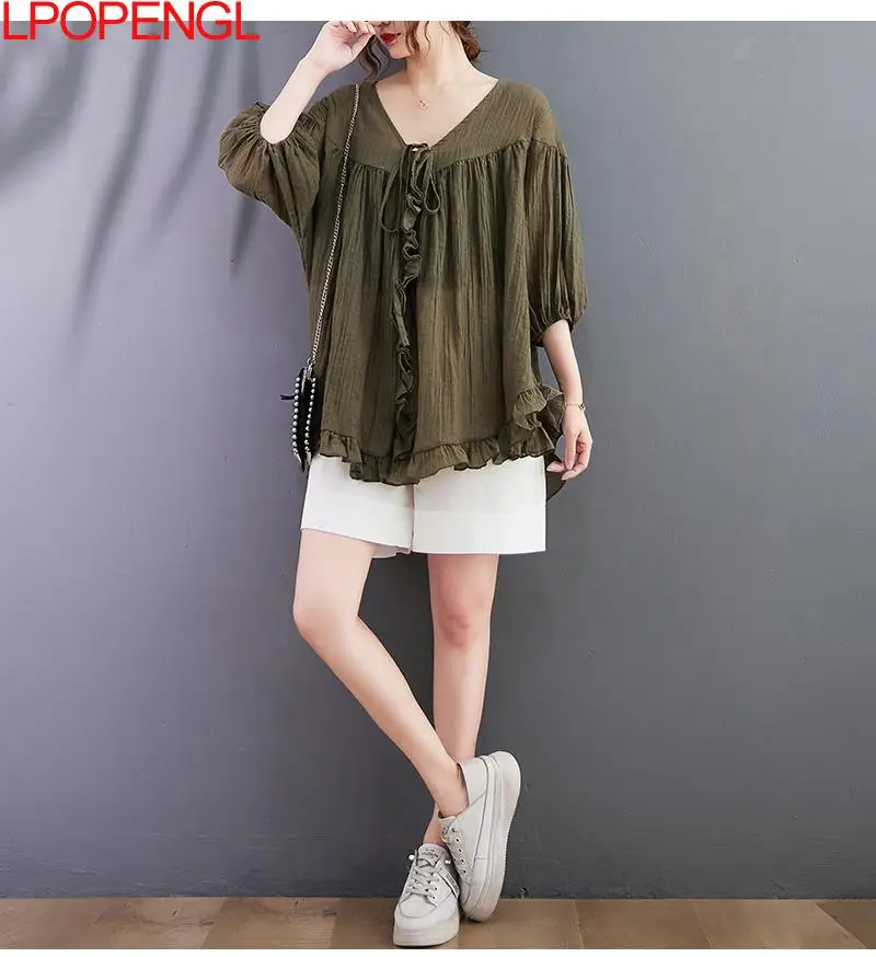 Woman Solid Color Summer Oversized Pullover Top Loose Edible Tree Fungus Stitching V-neck Lace Thin Half-sleeved Vintage Shirt