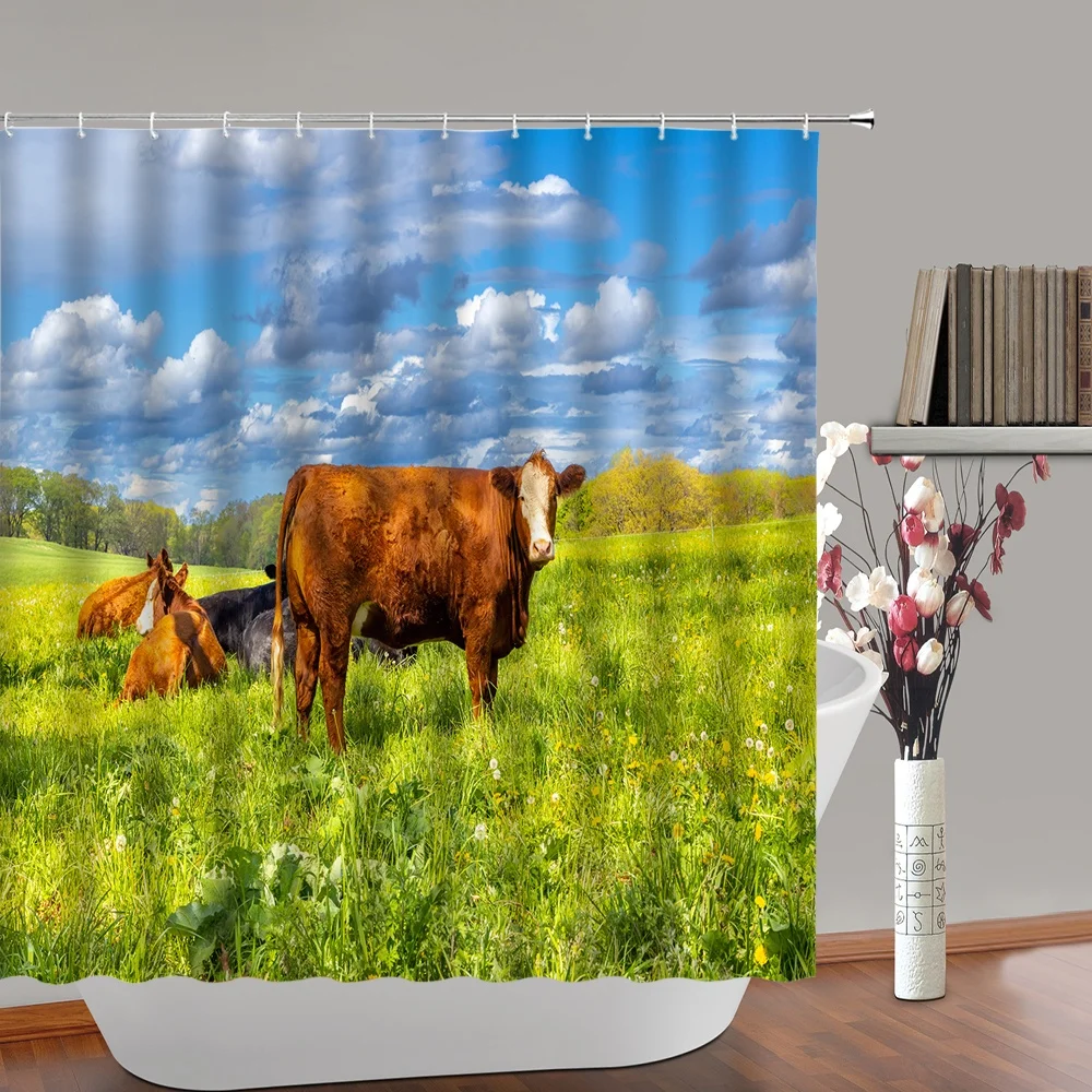 Farmhouse Shower Curtain Chicken Farm Sunrise Rustic Country Animals Cock Cow Grassland Fabric Bath Curtains Bathroom Decor Home