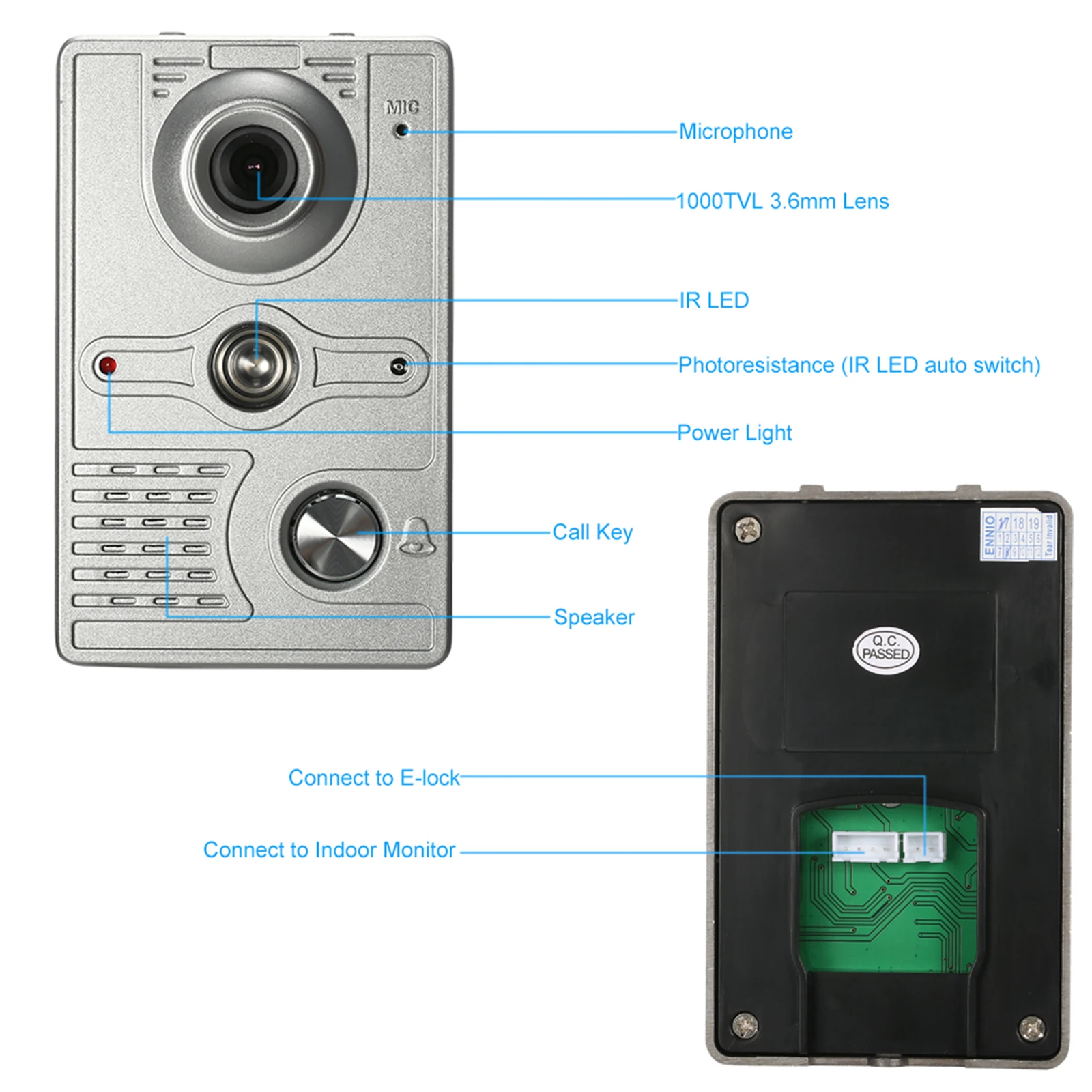 Wired Video Doorbell Indoor Monitor with IR-CUT Rainproof Outdoor Camera Visual Intercom Two-way Audio Remote Unlock Video Phone