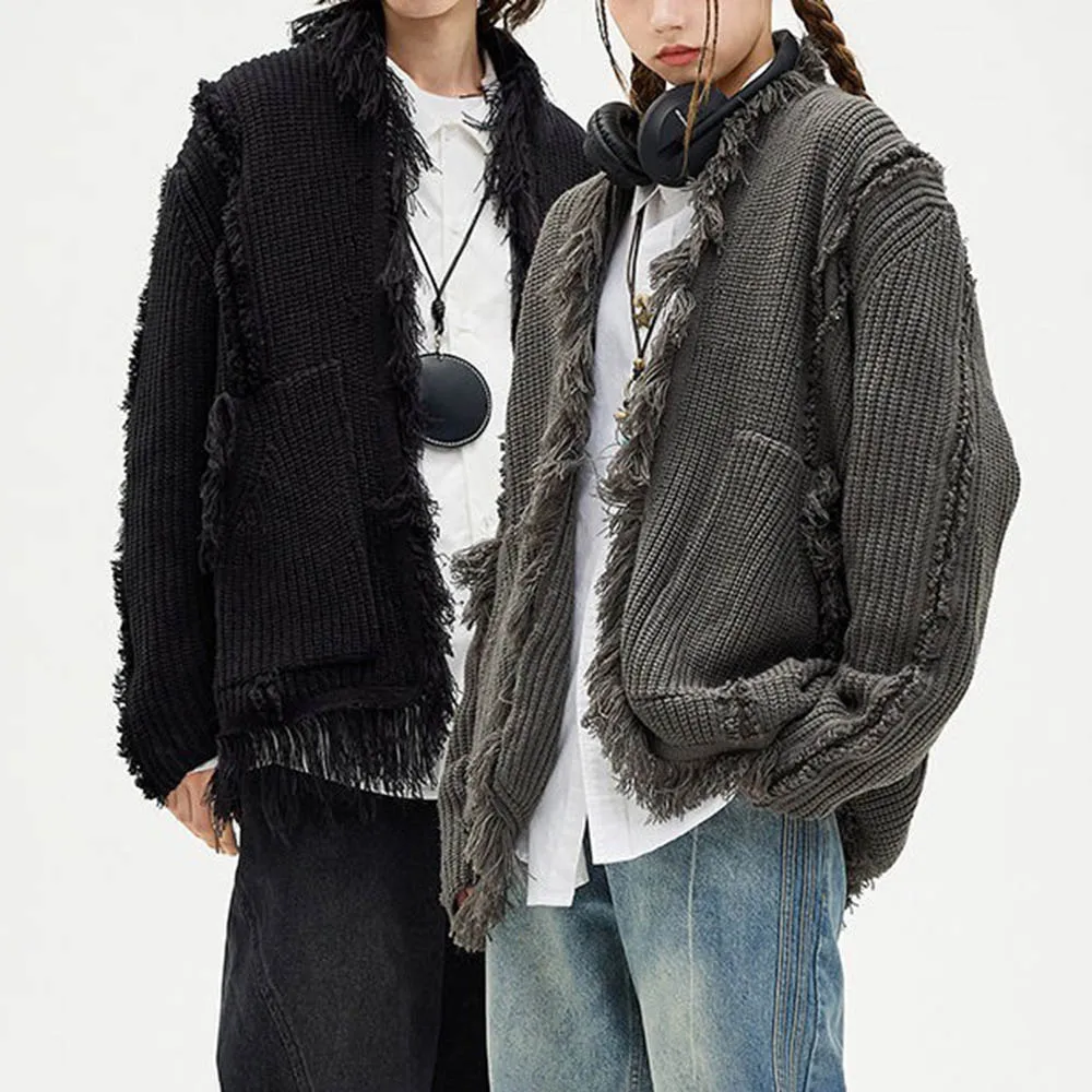 

Men's Solid Color Tassel Long-Sleeved Sweater Jacket American Retro Fashion Trend Street Loose Casual Niche Autumn New Men's Top