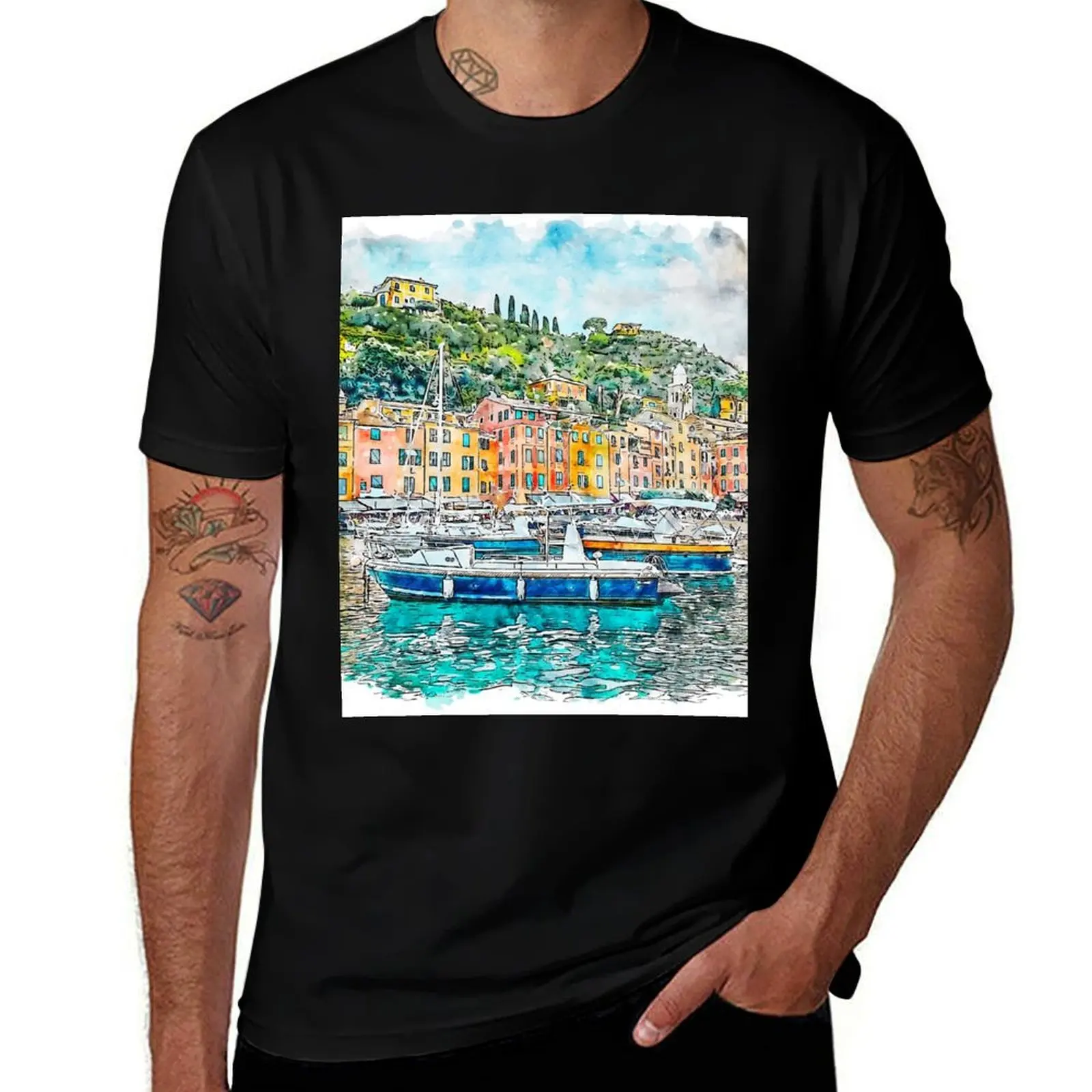 

Portofino Bay Italy Watercolor T-Shirt men t shirt cotton 100% funny t shirts man graphic t shirts for man T-Shirt