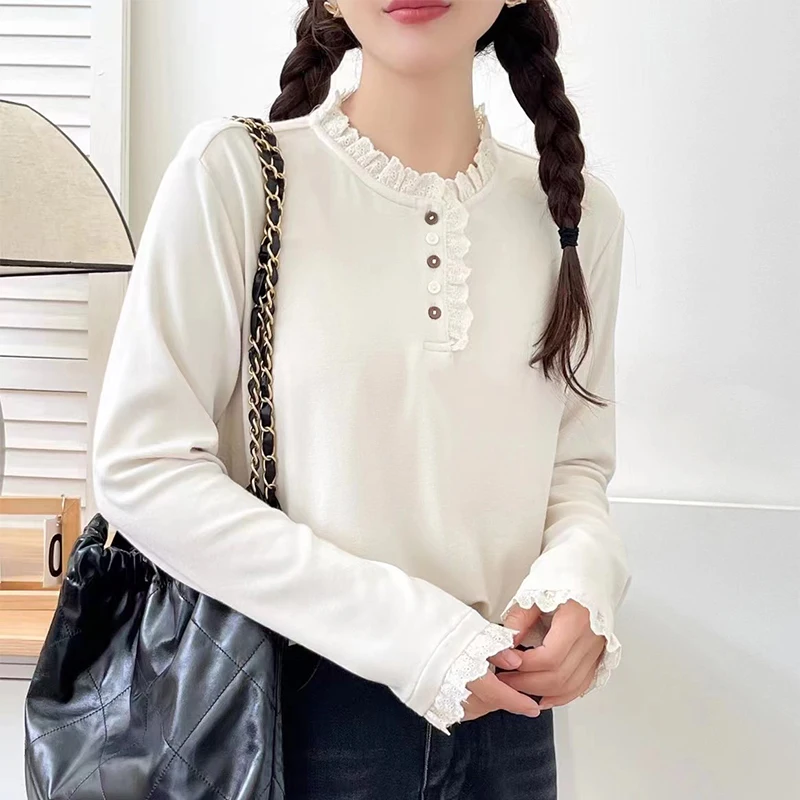 Autumn New Solid Color Long Sleeve Ruffles Collar Basic T Shirt Women Harajuku Korean Style Casual Loose Tops