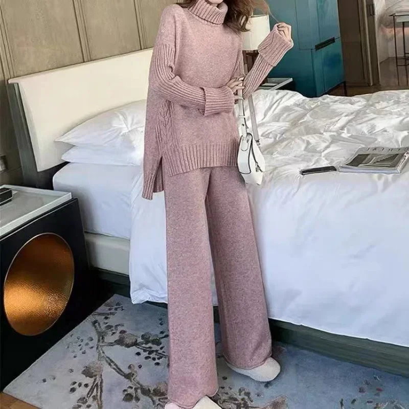 Sweater Set Warm Suit for Women Winter Knitted Suits 2 Piece Set Soild Turtleneck Sweater + Loose Trousers Office Lady Suit