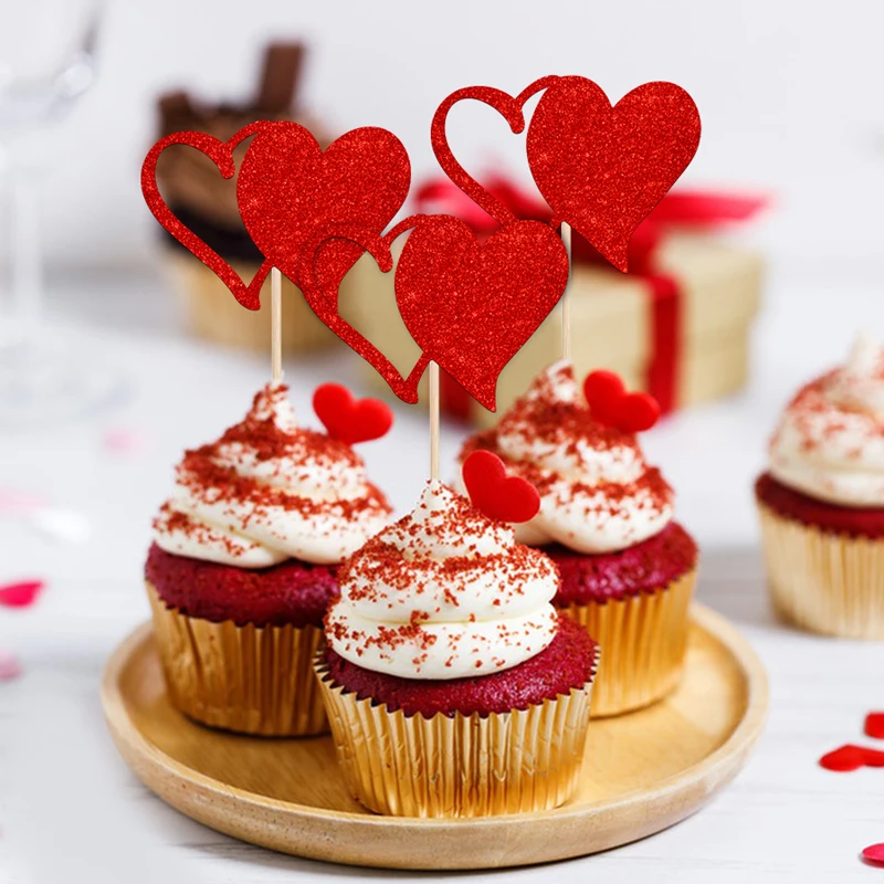 YOMDID 24 Teile/satz Valentinstag Cupcake Topper Rot Liebe Glitter Party Kuchen Dekorationen für Geburtstag Hochzeiten Verlobungen – Detail 9